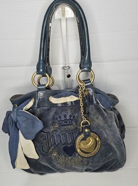 Vintage Juicy Couture Daydreamer Blue Velour Tote Y2K Shoulder Bag Logo